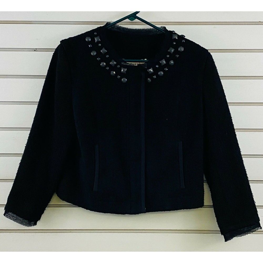 Womens M DKNY Jacket Black Lined‎ Zip Front Blazer Buttons Net Trim Hip Length